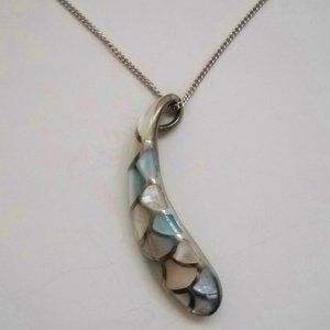 Blue Pink Pendant Handcrafted Mother Of Pearl Sterling Silver Necklace Chain